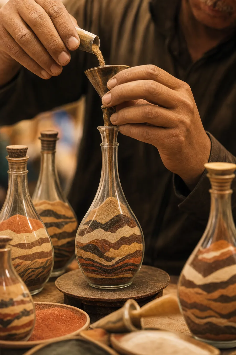 Bottle sand art — layered colored sand in glass bottles
