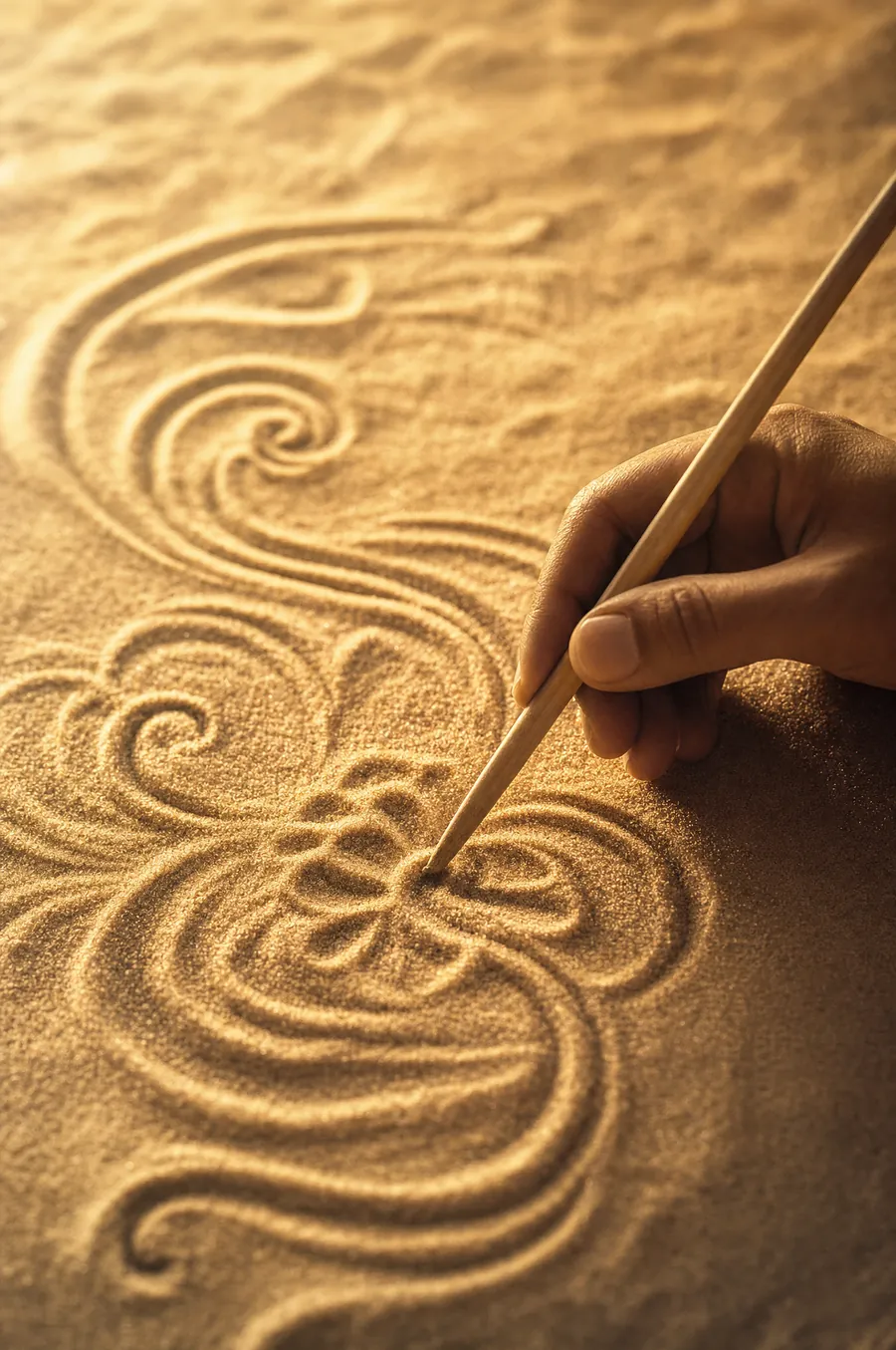 Hand drawing an ornament in sand