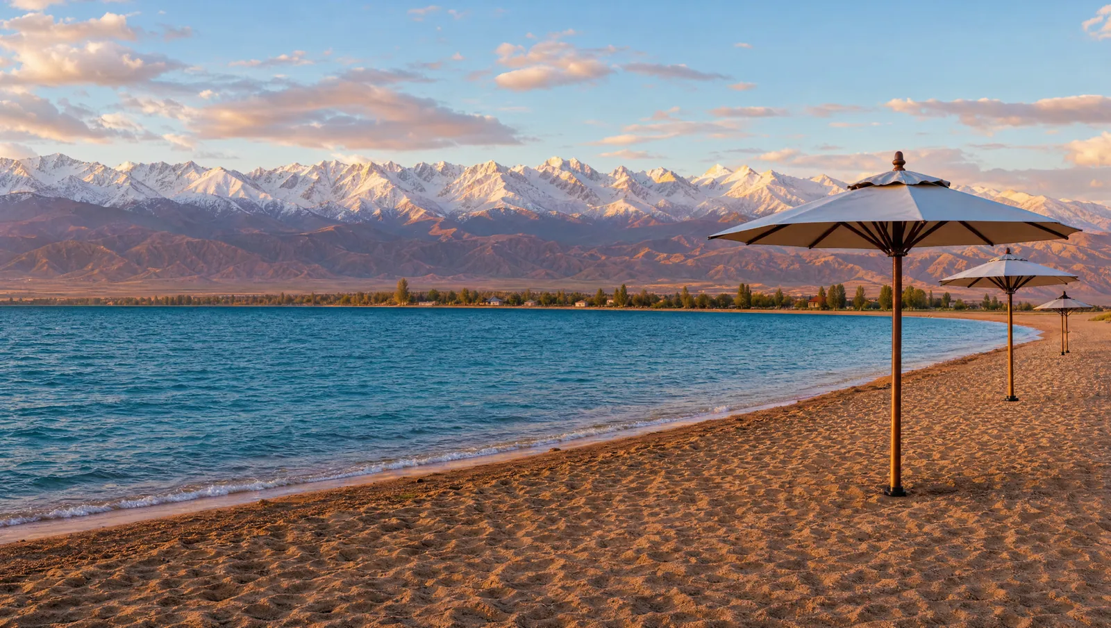 Issyk-Kul lake with Tian Shan mountains at golden hour