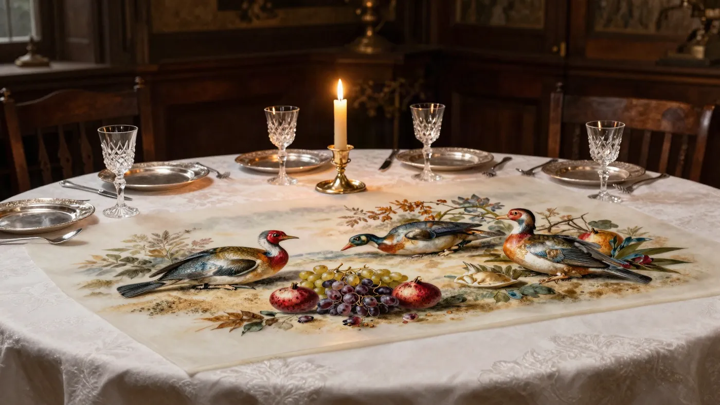 A still life drawn in coloured sugar on a white tablecloth, sealed under glass, in a candlelit hall